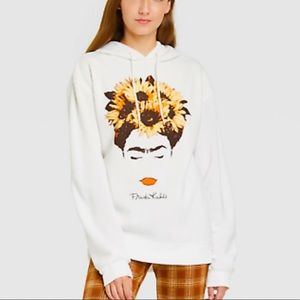 Jerry Leigh Women's Frida Kahlo Friday Sunflower Hooded Graphic Sweatshirt-White
